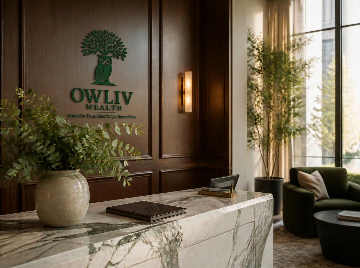 Owliv Wealth reception with logo on wall