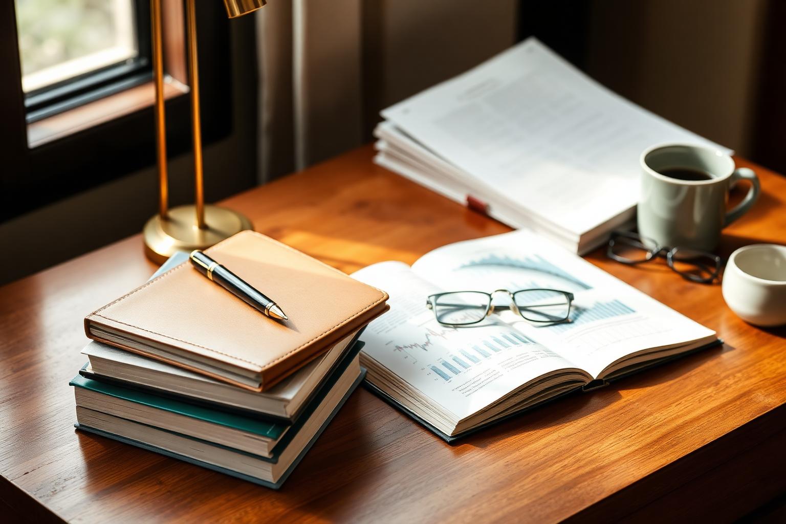 A leather journal, fountain pen and reading glasses on a walnut desk